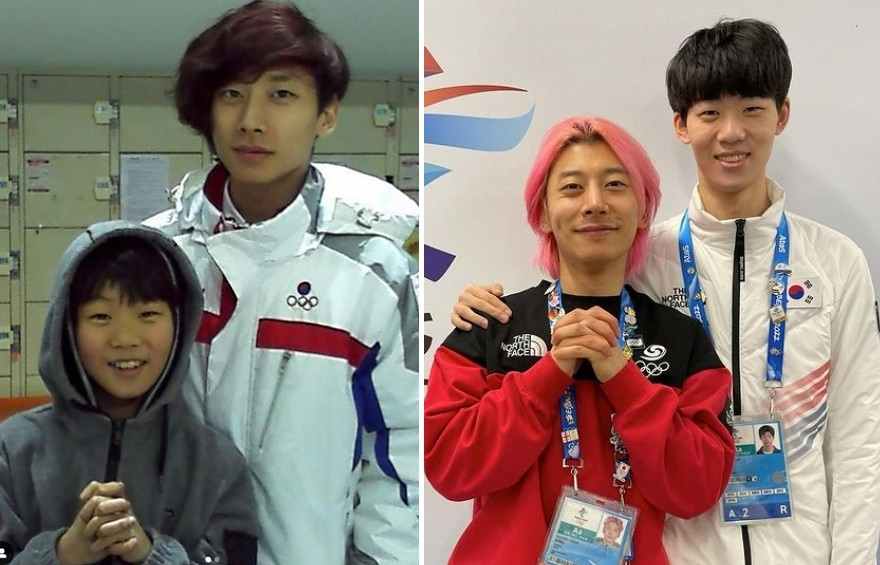12년의 시간을 두고 함께 한 곽윤기와 이준서. 왼쪽은 2010년 밴쿠버 올림픽 직후, 오른쪽은 베이징 올림픽서 나란히 찍은 사진이다. [곽윤기 SNS]