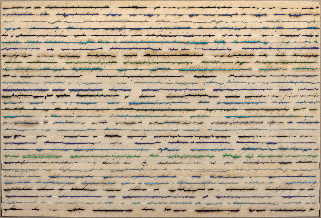 작품 위부터 ‘접합 99-03(Conjunction 99-03), 2020, Oil on hemp cloth, 130 x 97 cm. ‘접합 21-51(Conjunction 21-51)’, 2021, Oil on hemp cloth, 117 x 91 cm. ‘이후 접합 11-3(Post-Conjunction 11-3)’, 2011, Mixed media, 120 x 180 cm. [국제갤러리 제공]