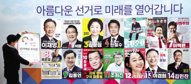 제20대 대통령 선거를 앞두고 지난 17일 오후 경기도 수원시 경기도선거관리위원회에 선거 벽보들이 나란히 붙어 있다. 그러나 유력 후보간 낯뜨거운 공방전은 ‘아름다운 선거’라는 홍보 문구를 무색케 하고 있다. [연합]