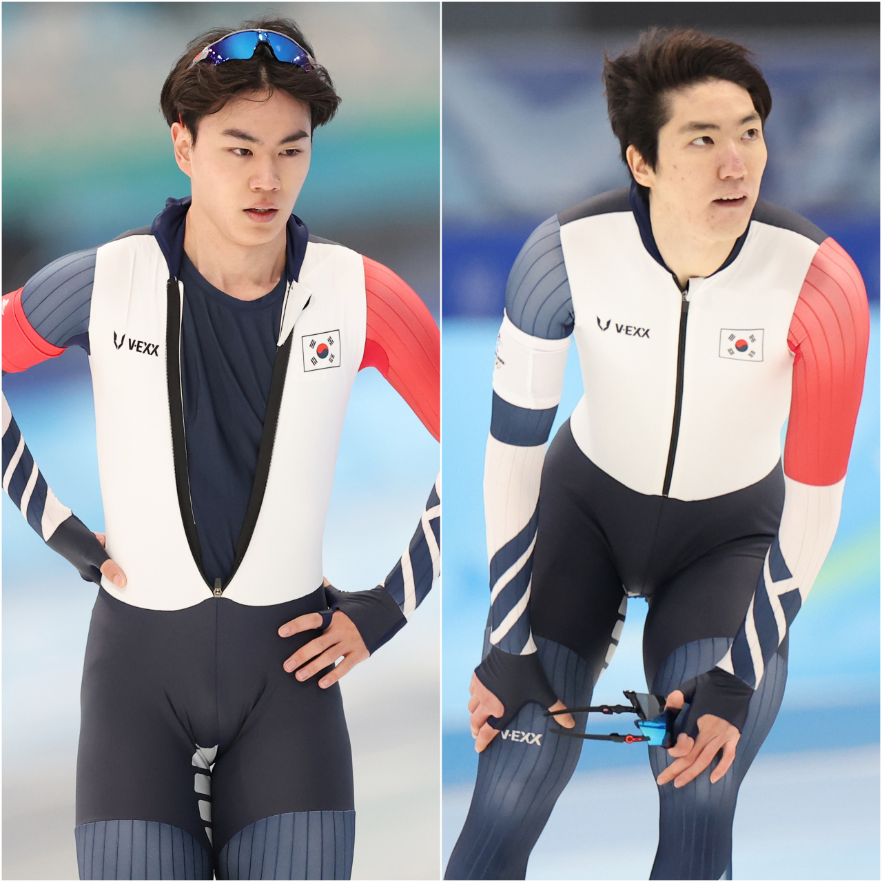 김민석(왼쪽)과 차민규가 18일 열린 2022 베이징 동계올림픽 스피드스케이팅 남자 1000m서 각각 24위와 18위에 오르며 올림픽 일정을 모두 마감했다. [연합]