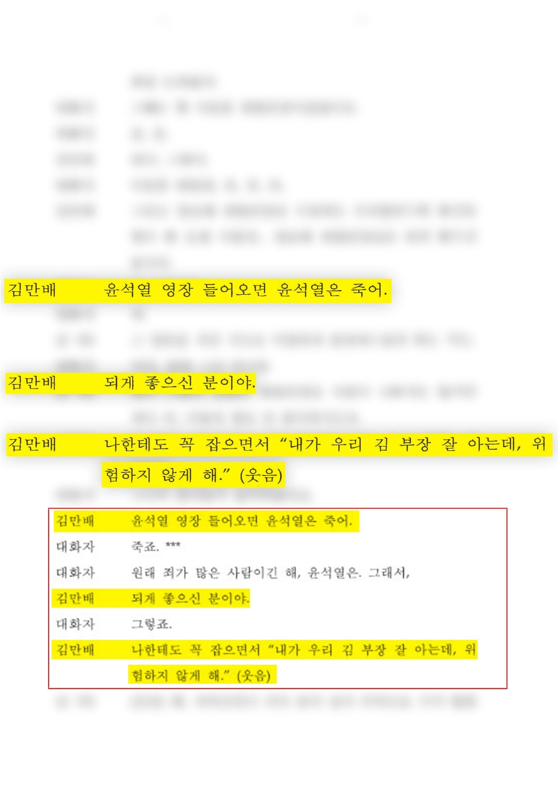 더불어민주당이 20일 공개한 ‘김만배-정영학 녹취록’ 일부. 김만배는 윤석열이 김만배를 향해 “내가 우리 김 부장(김만배) 잘 아는데, 위험하지 않게 해”라고 말했다고 전했다. 민주당은 김만배가 윤석열의 ‘약점을 잡고 있는 것’이라 해석했다. [더불어민주당 제공]
