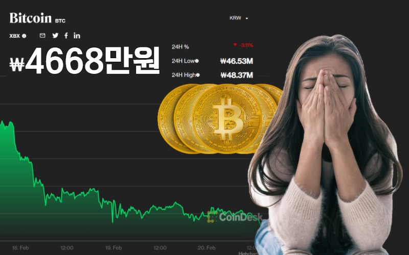 가상자산 ‘비트코인’ 시세. 우리 돈으로 5000만원 선이 무너졌다. [코인데스크 홈페이지·123rf]