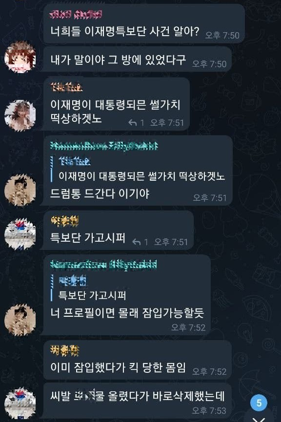 더불어민주당 선대위 내부 SNS 대화방에 불법 성인물을 게시한 것으로 의심받는 한 텔레그램 대화방의 내용. 민주당 선대위는 이들이 조직적으로 선대위 내부 대화방에 무단 참여해 사이버 테러를 주도한 것으로 파악하고 법적 대응을 예고했다. [민주당 선대위 제공]