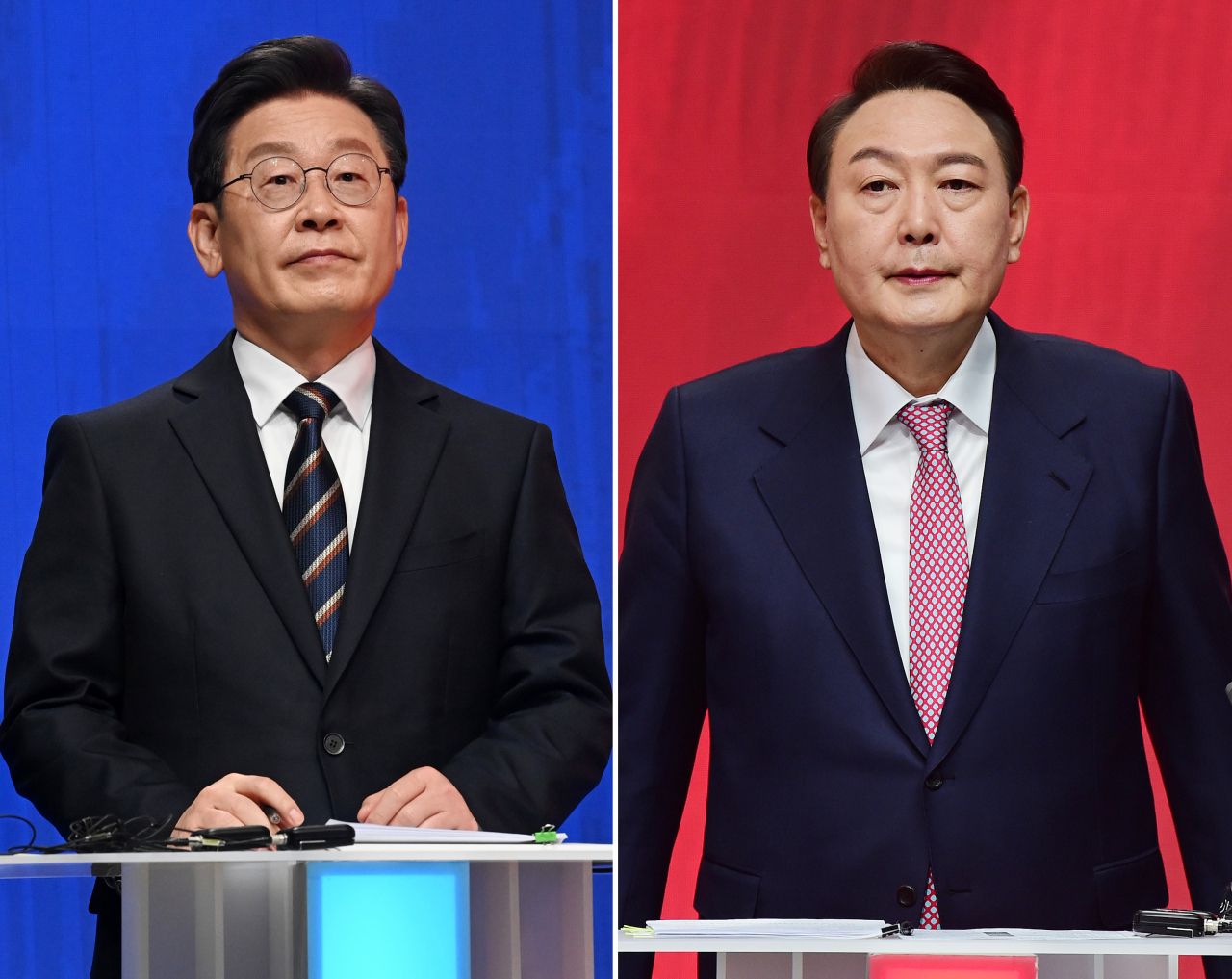 이재명 더불어민주당 대선 후보(왼쪽)와 윤석열 국민의힘 대선 후보가 21일 오후 서울 마포구 MBC 미디어센터 공개홀에서 열린 중앙선거방송토론위원회 주관 제20대 대통령선거 후보 초청 1차 토론회에서 토론을 준비하고 있다. [연합]