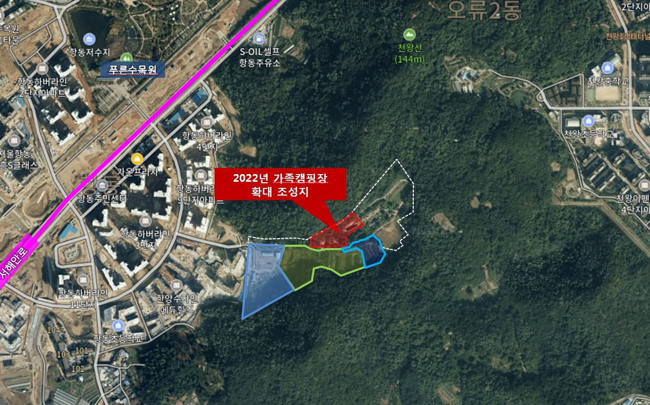 올해 확대 조성되는 천왕산 가족 캠핑장 위치도. [서울시 제공]
