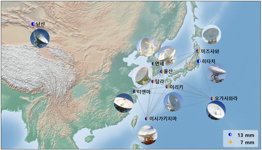 관측에 참여한 동아시아 VLBI 관측망 소속 전파망원경. 총 10기이며 한국의 KVN(연세, 울산, 탐라), 일본의 VERA(미즈사와, 이리키, 오가사와라, 이시가키지마)와 히타치, 중국의 CVN(난샨, 티얀마)으로 구성돼 있다.[한국천문연구원 제공]