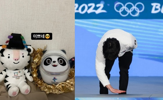 2022 베이징겨울올림픽 스피드스케이팅 남자 500m에서 은메달을 획득한 차민규가 22일 인스타그램에 올린 수호랑(평창올림픽 마스코트)과 빙둔둔(베이징올림픽 마스코트). 오른쪽 사진은 지난 12일 중국 베이징 메달플라자에서 열린 메달수여식에서 이름이 호명된 뒤 차민규가 시상대 바닥을 손으로 쓸고 있는 모습. [연합]