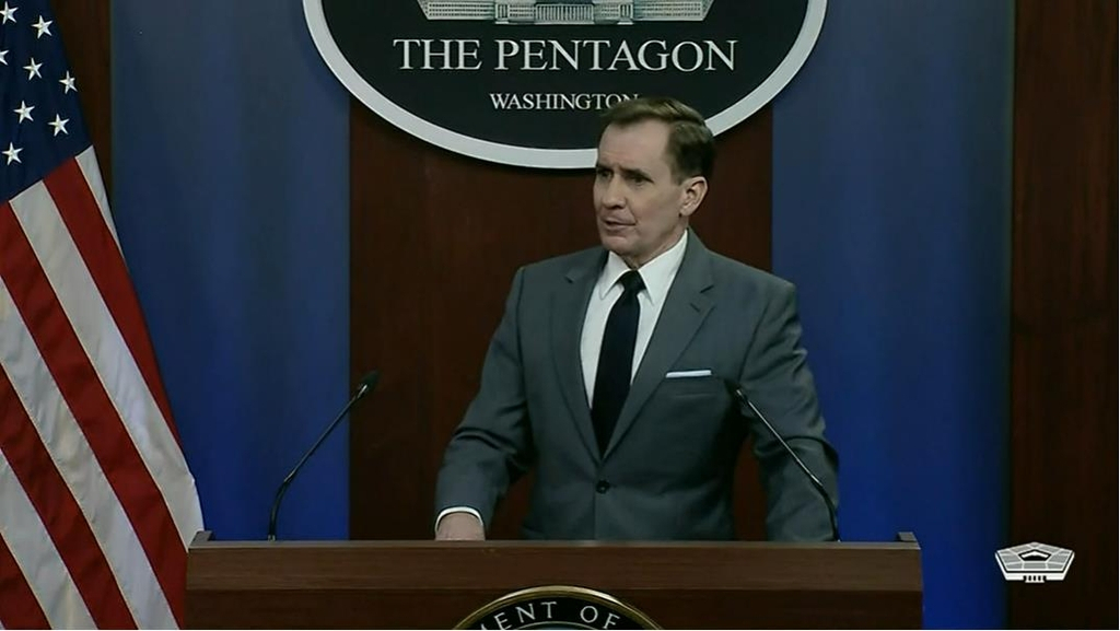 US Department of Defense Press Secretary John Kirby is seen answering a question in a press briefing at the Pentagon in Washington on Wednesday in this image captured from the department's website. (US Department of Defense Press)