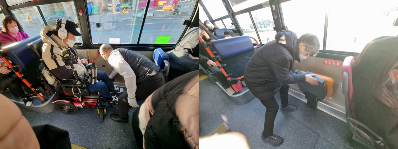 지난 23일 오후 척수장애인 추경진 씨가 탑승한 두 대의 저상버스 내부 모습. 장애인 이용석에 접이식 의자가 있는 저상버스도 있어 탑승 시 의자를 일일이 접어서 휠체어를 댈 공간을 만들어야 했다. 버스기사가 직접 장애인 이용석에 부착된 안전고리를 휠체어에 연결하는 경우도 있었던 반면 버스기사의 도움 없이 활동지원사가 스스로 접어야 하는 경우도 있었다. 김영철 기자