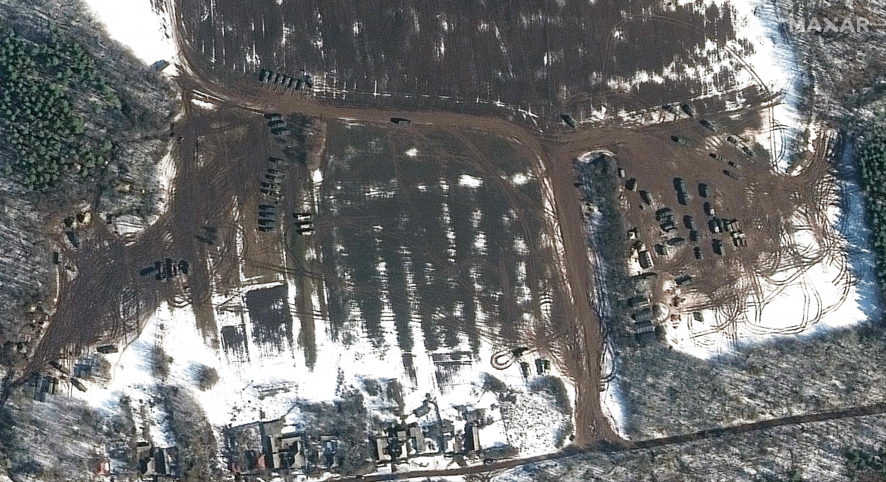 This Maxar satellite image taken and released on February 23, 2022 shows a battle group and artillery deployment in Golovchino. (Photo by Satellite image &copy;2022 Maxar Technologies / AFP) / RESTRICTED TO EDITORIAL USE - MANDATORY CREDIT