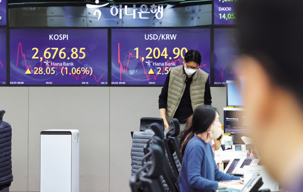 러시아의 우크라이나 침공으로 글로벌 시장및 국내 시장이 요동치고 있는 가운데, 정부는 비상플랜을 가동하는 등 긴박한 움직임을 보이고 있다. 코스피가 전날보다 1%대 상승 출발한 25일 오전 서울 중구 하나은행 딜링룸에서 한 딜러가 자리로 향하고 있다. [연합]