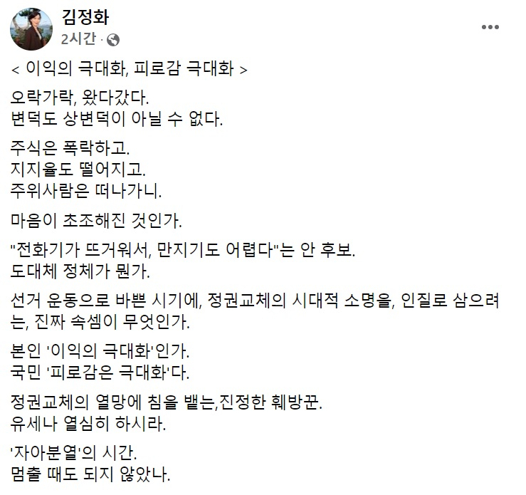 김정화 전 민생당 대표 페이스북 일부 캡처.