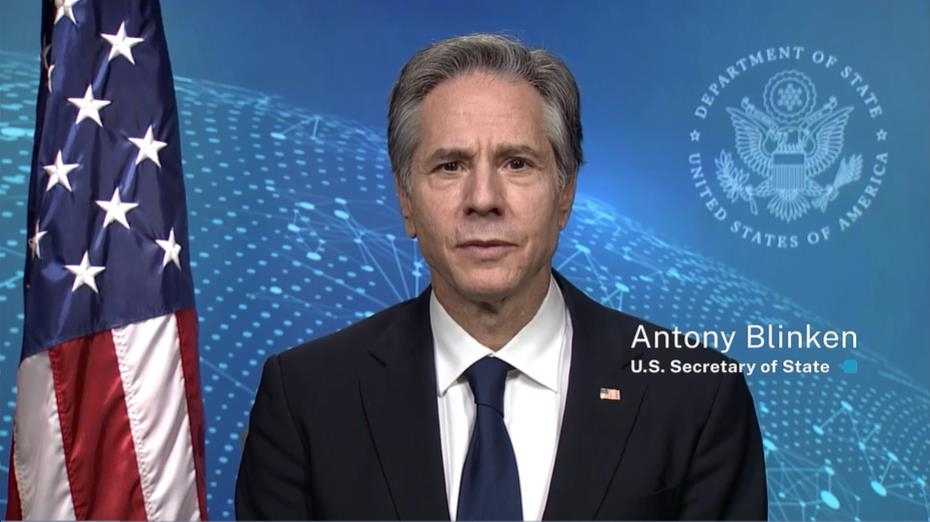 US Secretary of State Antony Blinken is seen virtually delivering a speech to the UN Human Rights Council from Washington on Tuesday in this image captured from the website of the Department of State. (Department of State)