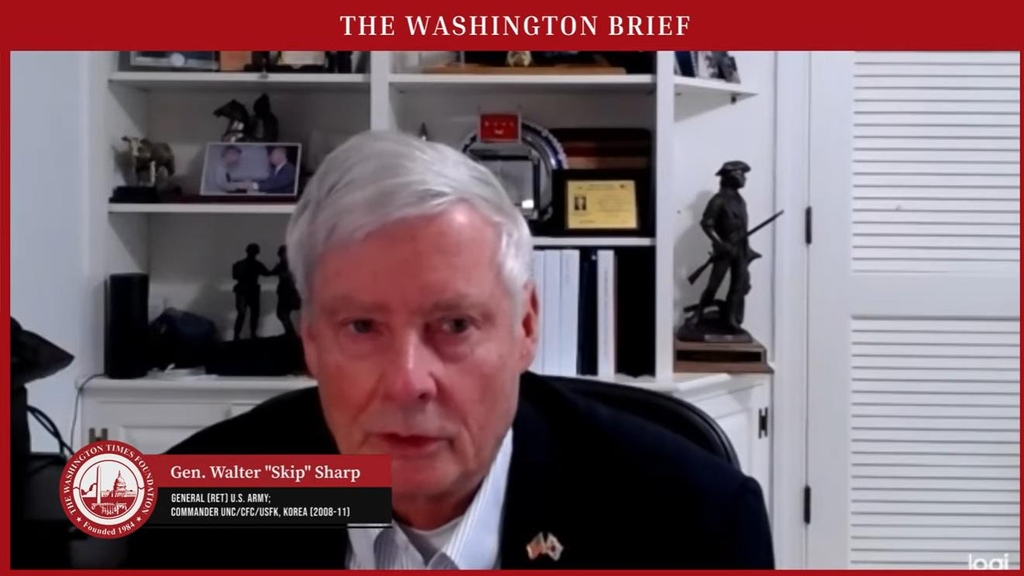 Gen. (Ret.) Walter Sharp, former commander of US Forces Korea, is seen speaking in a webinar hosted by the Washington Times Foundation on Tuesday in this image captured from the Washington-based think tank's website. (Washington-based think tank's website)