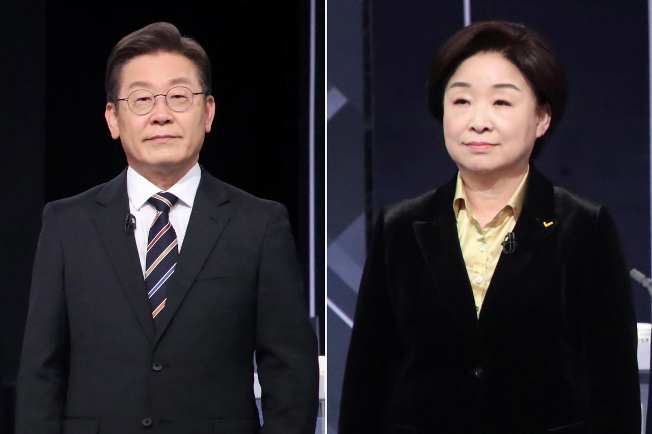 2일 서울 KBS 스튜디오에서 열린 중앙선거관리위원회가 주관하는 제20대 대통령선거 후보자 3차 사회분야 방송토론회에 참석한 더불어민주당 이재명 대선후보와 정의당 심상정 대선후보. [연합]