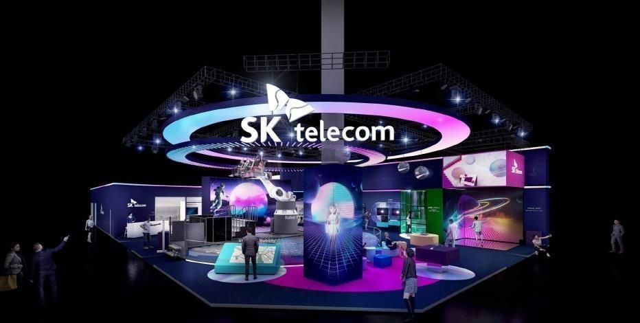This photo, provided by SK Telecom Co. on Feb. 20, 2022, shows an image of the company's planned exhibition booth at the Mobile World Congress 2022 in Spain. (SK Telecom Co.)