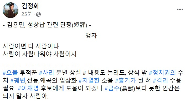 김정화 전 민생당 대표 페이스북 일부 캡처.
