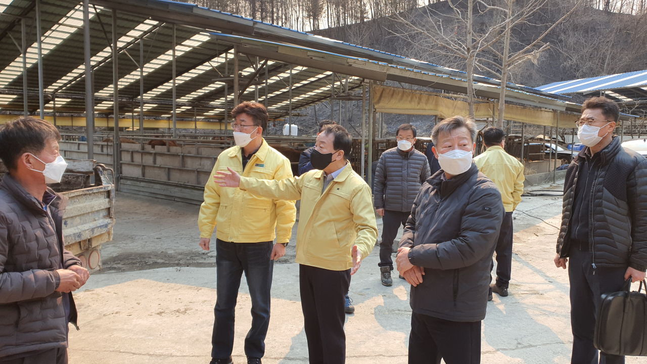 [사진=최문섭 농협손해보험 대표이사(사진 왼쪽 세 번째)가 6일 경상북도 울진군의 산불 피해 농가를 방문, 금동명 농협중앙회 경북지역본부장(왼쪽 두 번째), 박영택 영덕울진축산농협 조합장(왼쪽 네 번째)과 산불 피해 농가 및 피해 현장을 둘러보며 이야기를 나누고 있다.]