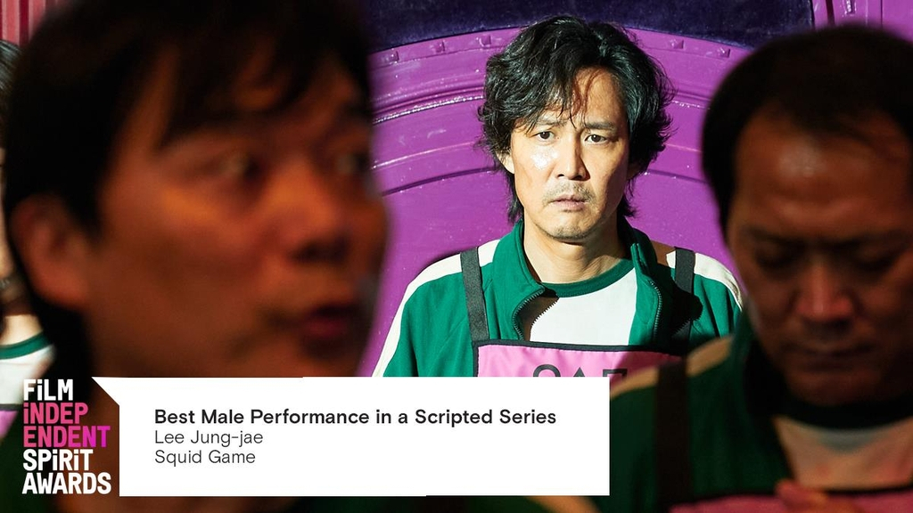 This image from the Twitter account of the Film Independent Spirit Awards highlights Lee Jung-jae of "Squid Game" winning Best Male Performance in a Scripted Series on Sunday. (Twitter account of the Film Independent Spirit Awards)