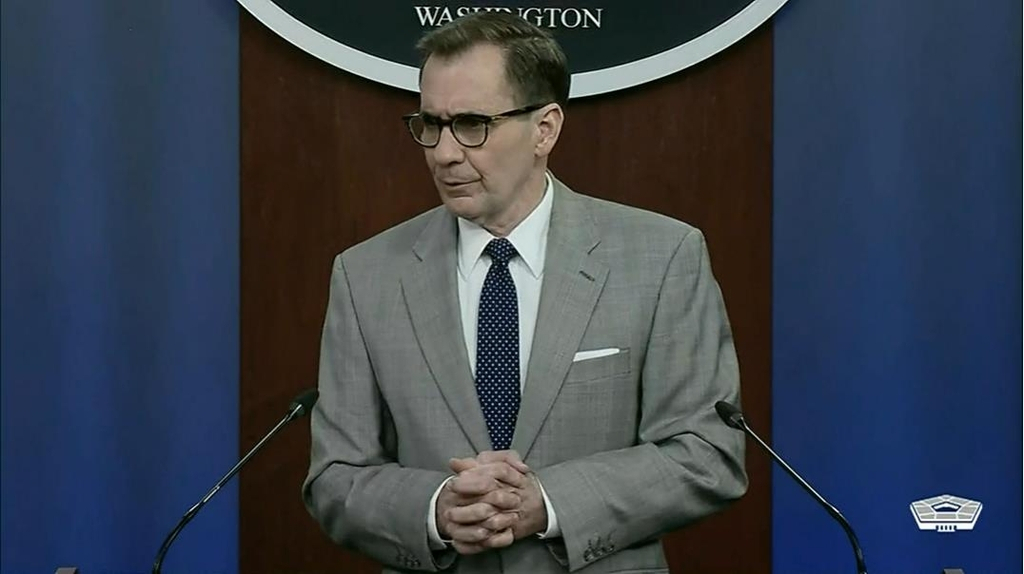 US Department of Defense Press Secretary John Kirby is seen speaking in a press briefing at the Pentagon in Washington on Monday in this image captured from the department's website. (Yonhap)