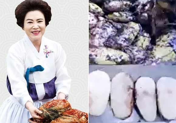 김순자 ㈜한성식품 대표이사(왼쪽)와 논란을 빚은 불량 재료.[한성식품 홈페이지·MBC 방송화면 캡처]