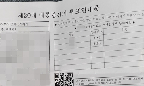 제보자 A씨의 남편과 사망한 시아버지 2명만 등재된 투표 안내문. 세대주인 A씨는 선거인 명부에서 빠져 있다. [A씨 제공]