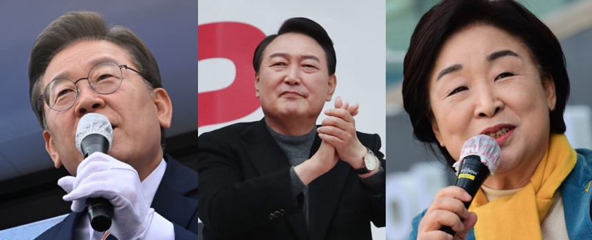 사진 왼쪽부터 더불어민주당 이재명 후보, 국민의힘 윤석열 후보, 정의당 심상정 후보
