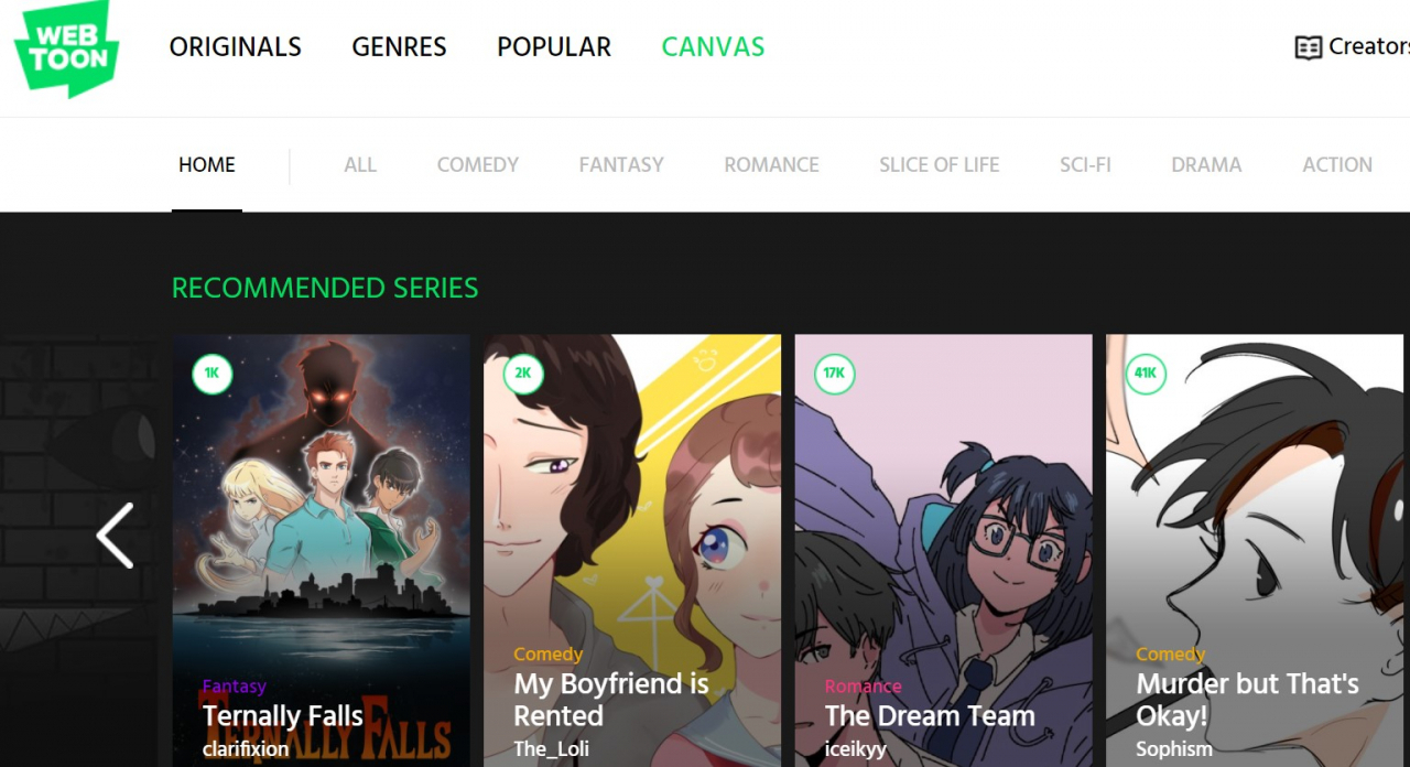 네이버웹툰의 미국 플랫폼 ‘웹툰(WEBTOON)’은 누구나 자신의 만화를 연재할 수 있는 '캔버스'를 운영 중이다. [웹툰(WEBTOON) 홈페이지 갈무리]