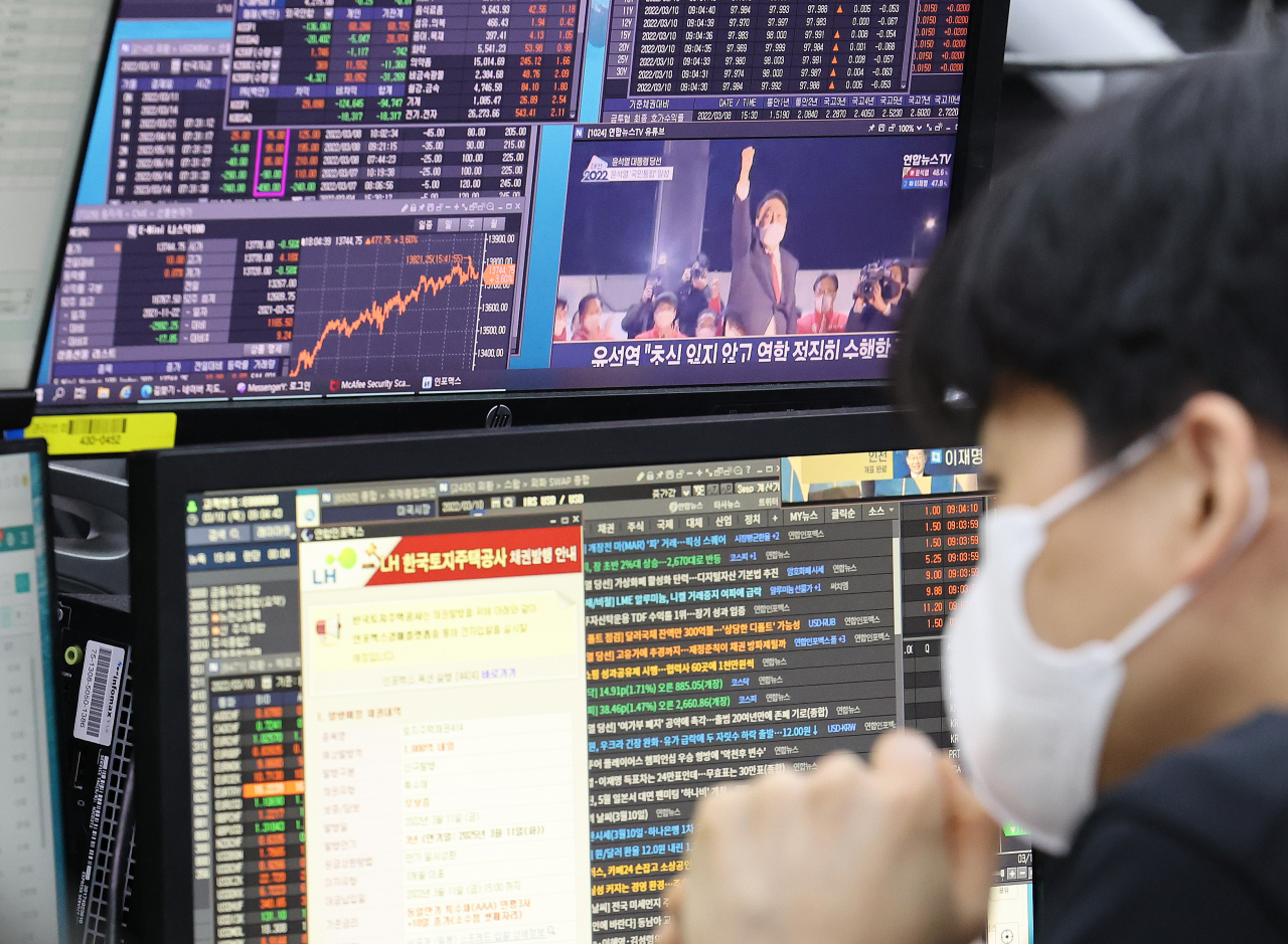 코스피 지수가 전날 대비 38.46포인트(1.47%) 오른 2,660.86에서 출발한 10일 서울 중구 하나은행 딜링룸에서 한 직원의 모니터에 국민의힘 윤석열 제20대 대통령 당선인 관련 뉴스가 나오고 있다. [연합]