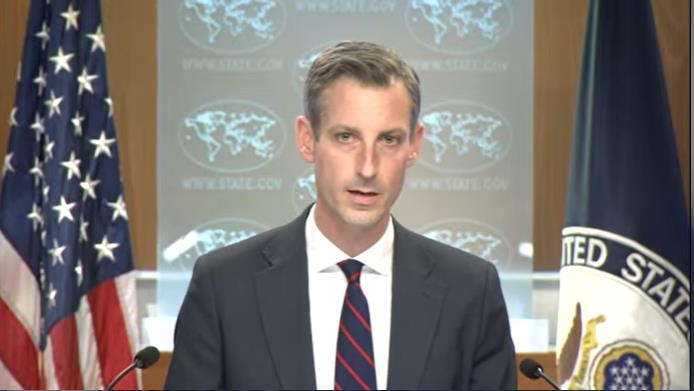 US Department of State Press Secretary Ned Price is seen answering a question in a press briefing at the department in Washington on Friday in this image captured from the department's website. (US Department of State)