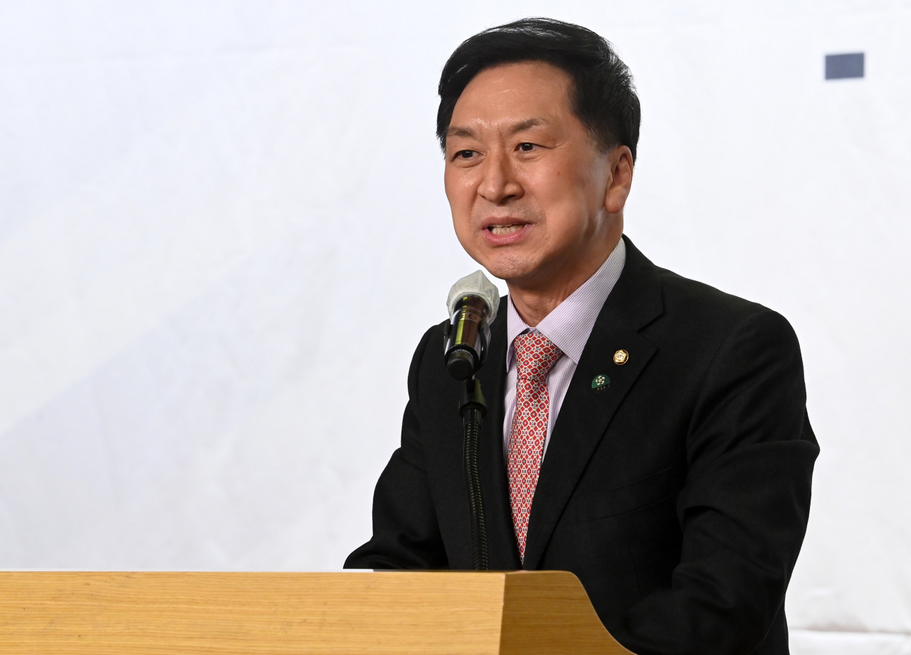김기현 국민의힘 원내대표가 지난 10일 오후 국회 도서관에서 열린 선대본부 해단식에서 발언하고 있다. [이상섭 기자]