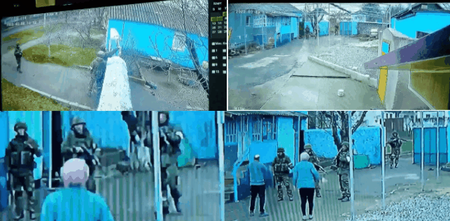 왼쪽 위부터 시계방향으로 러시아 병사가 노부부이 집에 무단침입하는 장면과 대치하는 순간이 담긴 영상이다. 왼쪽 아래의 영상을 보면 한 병사가 소총을 하늘에 대고 격발하는 것으로 보인다. 맨손인 노부부는 그러나 이런 긴장 속에서도 움츠러들지 않고 결국 병사들을 내쫓았다. [우크라이나 주재 미국 대사관 트위터]