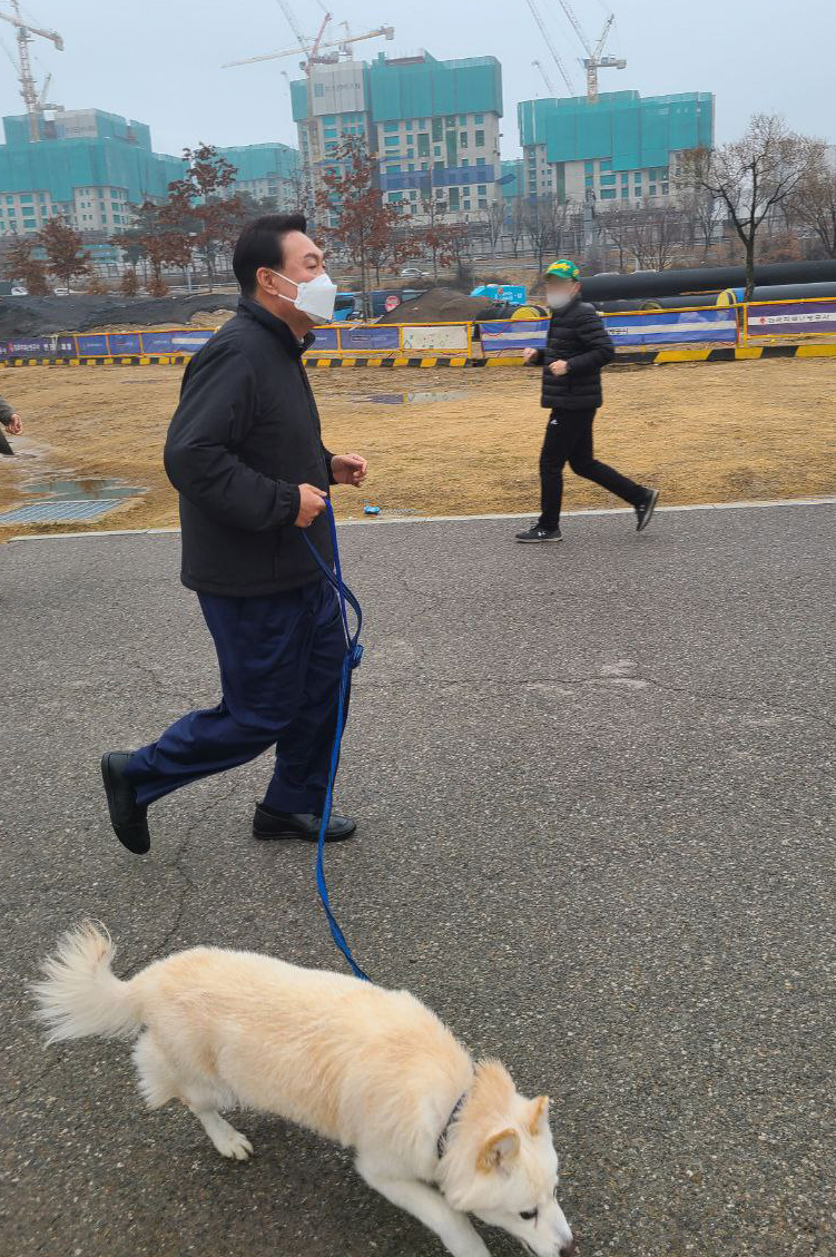 윤석열 대통령 당선인이 13일 오후 한강공원에서 반려견 토리와 함께 산책하고 있다. [연합]