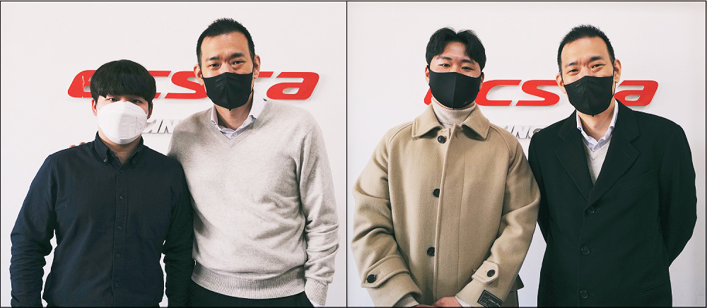 금호타이어 엑스타 레이싱팀 신규선수 영입을 기념해 (왼쪽부터) 이찬준 선수, 김진표 감독, 이창욱 선수가 사진촬영을 하고 있다. [금호타이어 제공]