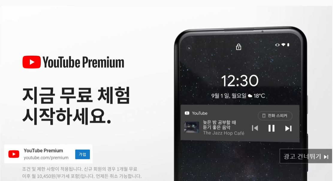 유튜브 프리미엄 가입을 독려하는 광고 화면. [유튜브 갈무리]