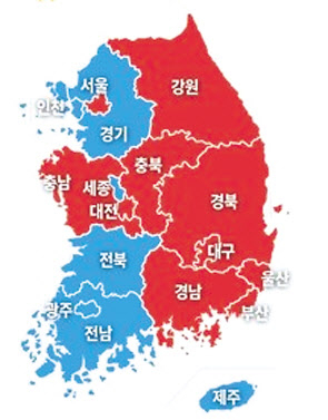 지난 9일 실시된 제20대 대통령선거의 지역별 선거결과다. 광역지방자치단체 기준으로 총 17개 지역 중 더불어민주당은 7곳, 국민의힘은 10곳에서 득표율 1위를 기록했다.