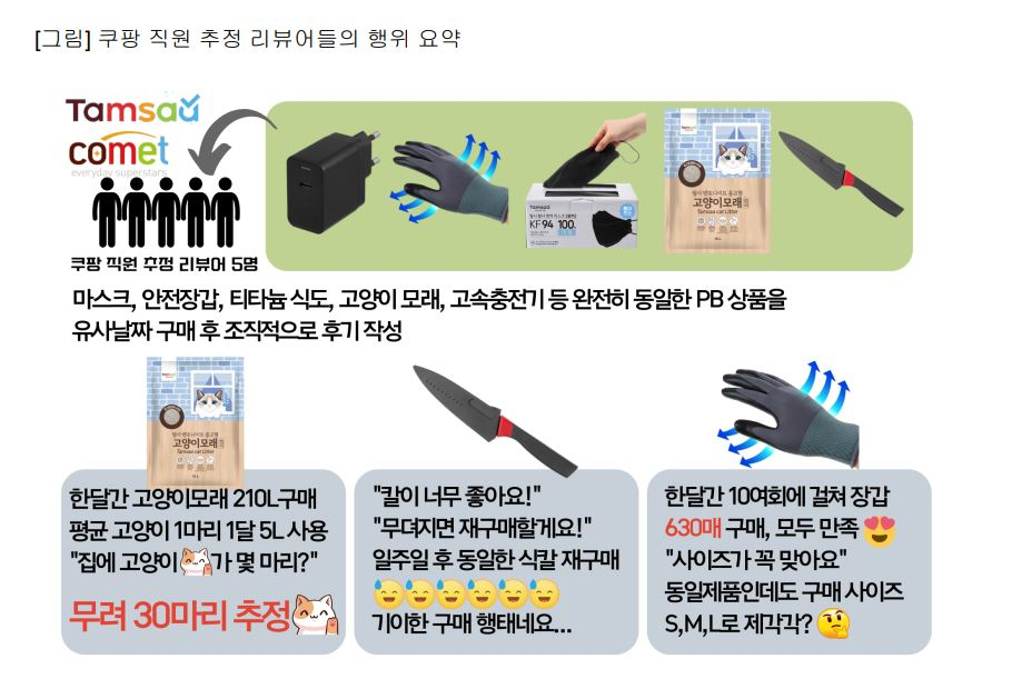 쿠팡 직원 추정 리뷰어들의 행위를 요약한 그래픽. [참여연대 제공]