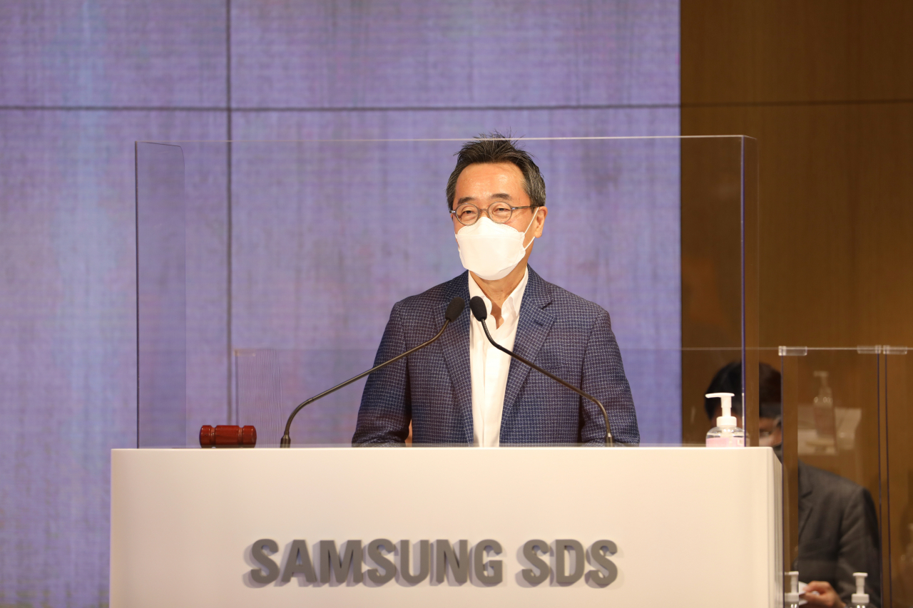 삼성SDS 황성우 대표가 16일 삼성SDS 잠실 캠퍼스에서 개최된 제37기 정기 주주총회에서 인사말을 하고 있다.[삼성SDS 제공]