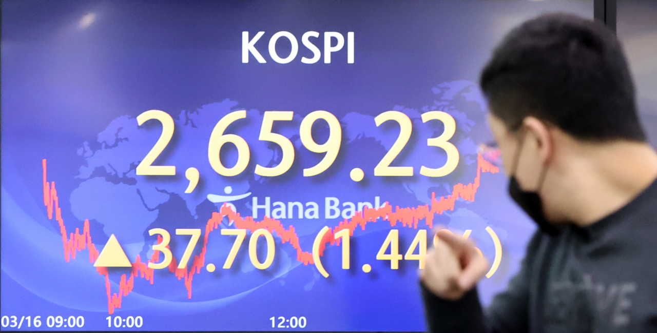 An electronic board showing the Korea Composite Stock Price Index (Kospi) at a dealing room of the Hana Bank headquarters in Seoul on Wednesday. (Yonhap)