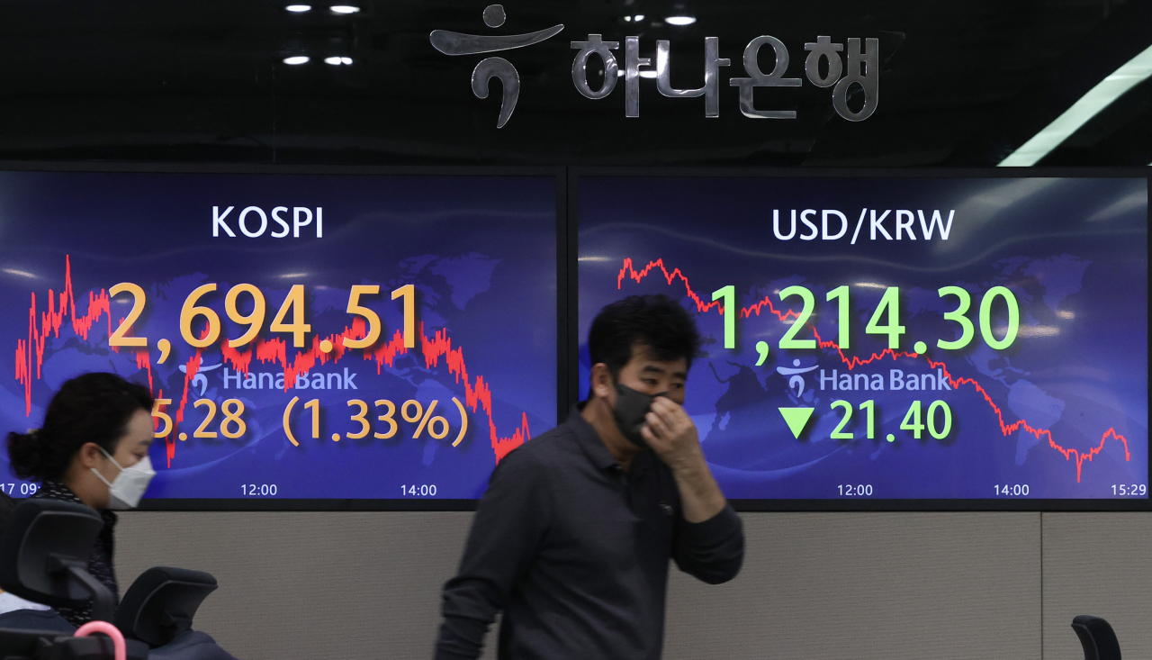 An electronic board showing the Korea Composite Stock Price Index (Kospi) at a dealing room of the Hana Bank headquarters in Seoul on Thursday. (Yonhap)