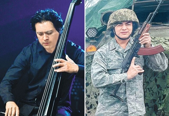 지우즈킨 드미트로 씨가 과거 공연에서 콘트라베이스를 연주하는 모습(왼쪽 사진)과 우크라이나 키이우로 돌아가 총을 든 모습 [서울팝스오케스트라]