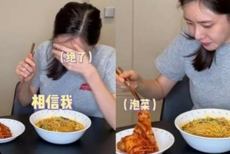 배우 추자현이 샤오홍슈에 올린 라면 먹는 장면. 오른쪽 사진에 김치를 '파오차이'(泡菜)로 표기했다. [서경덕 교수 제공]