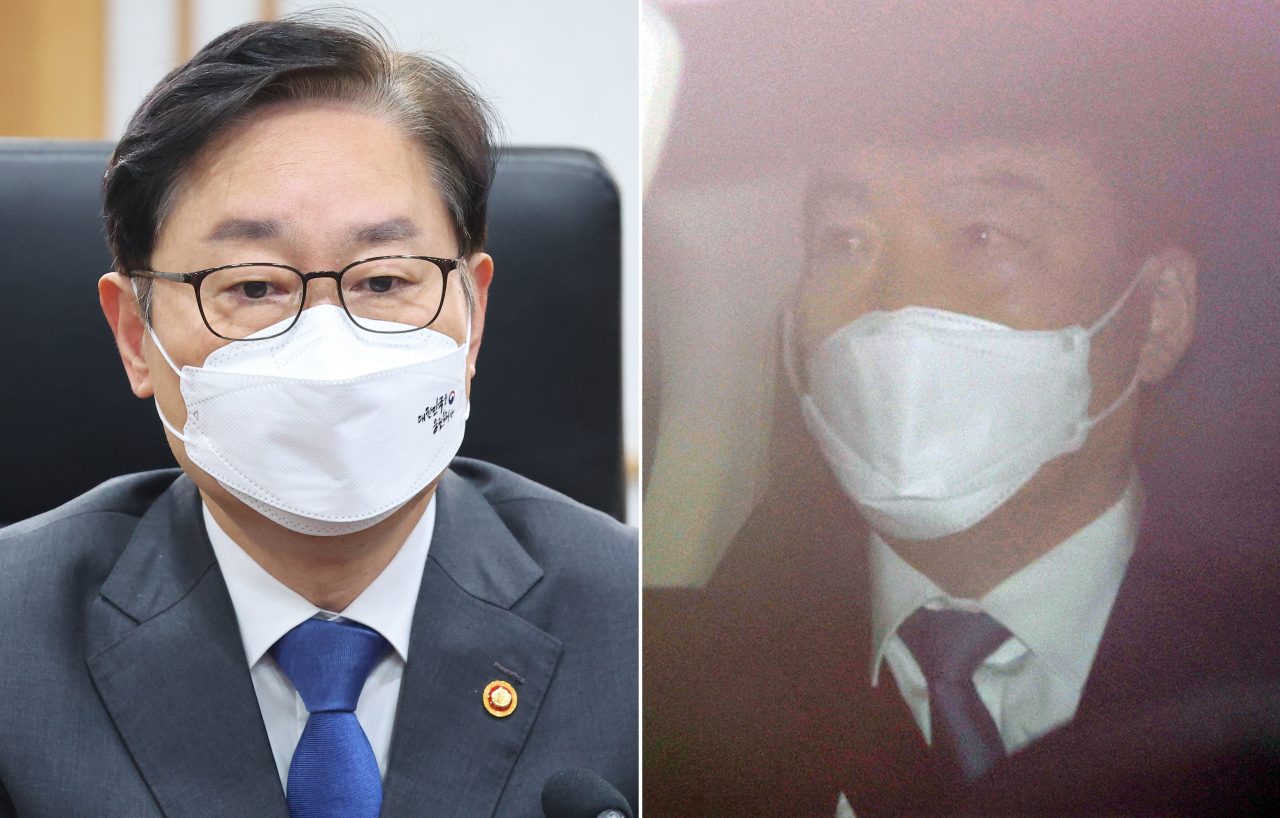 박범계 법무부 장관이 지난 23일 오전 정부과천청사 법무부 중회의실에서 기자들과 약식 간담회를 하고 있다.(왼쪽 사진) 이날 오전 김오수 검찰총장이 서울 서초구 대검찰청으로 출근하고 있다. 대통령 인수위는 24일 법무부·대검 업무보고를 받을 예정이었지만, 이날 돌연 법무부 업무보고 일정을 취소했다.[연합]