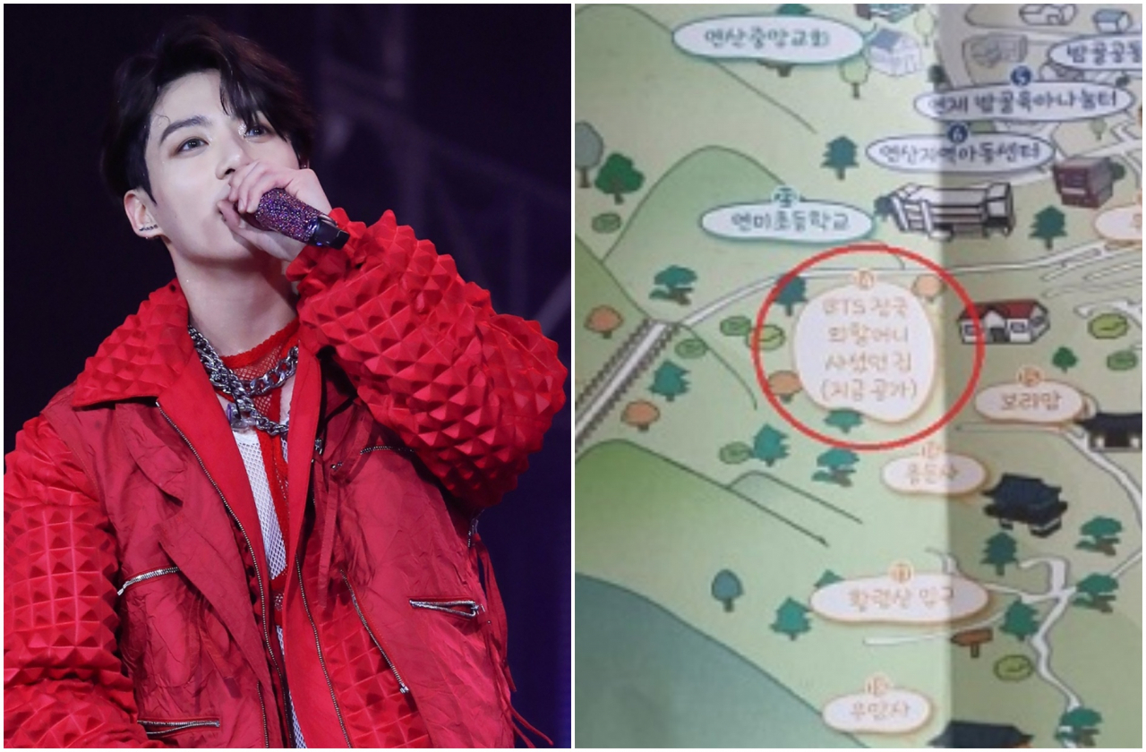 방탄소년단(BTS) 정국과 와할머니집이 표기된 부산의 한 마을 지도. [빅히트뮤직·트위터]