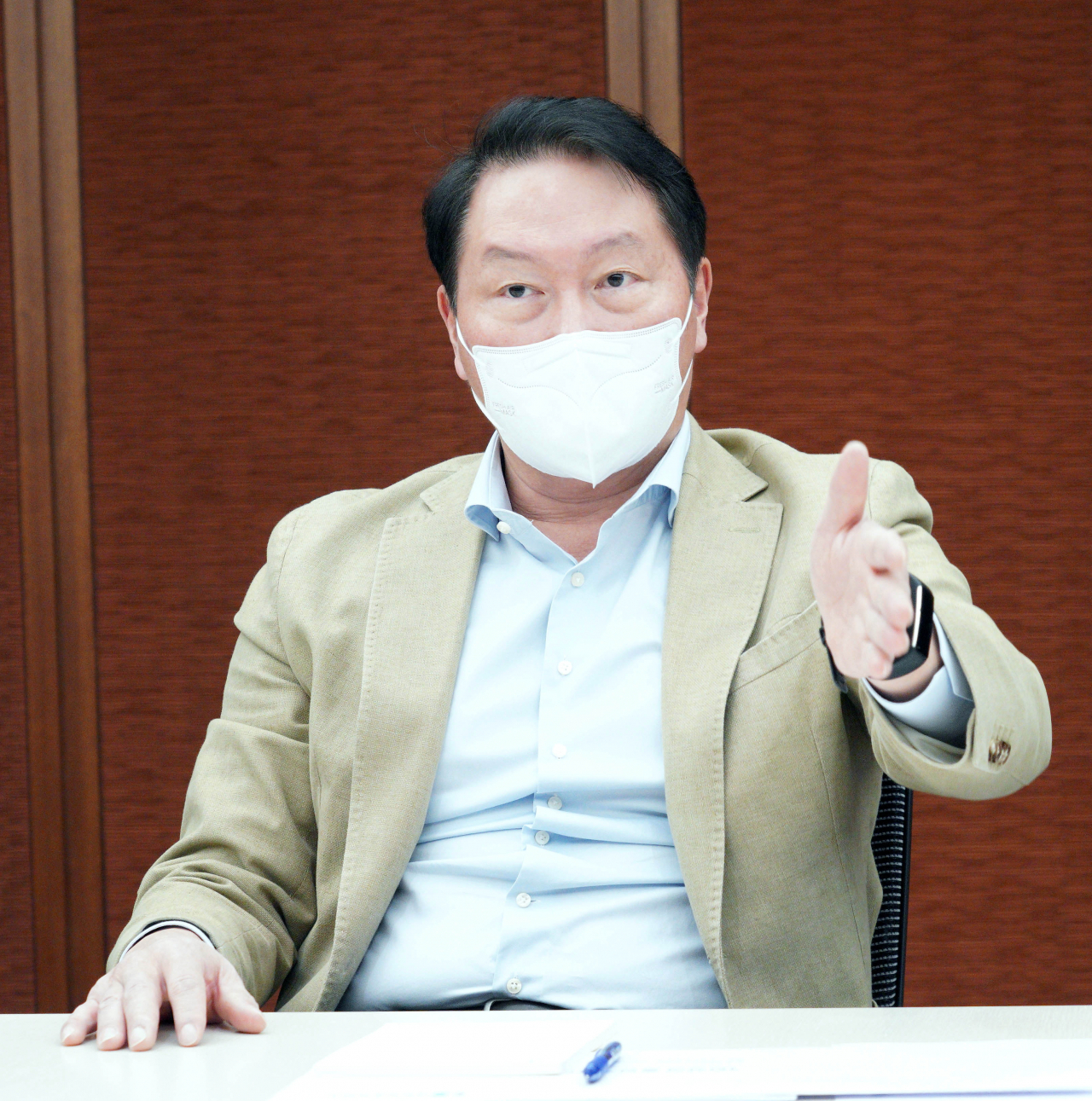 최태원 대한상공회의소 회장이 지난 23 오후 서울 중구 대한상의 건물에서 기자간담회를 하는 모습.[대한상의 제공]