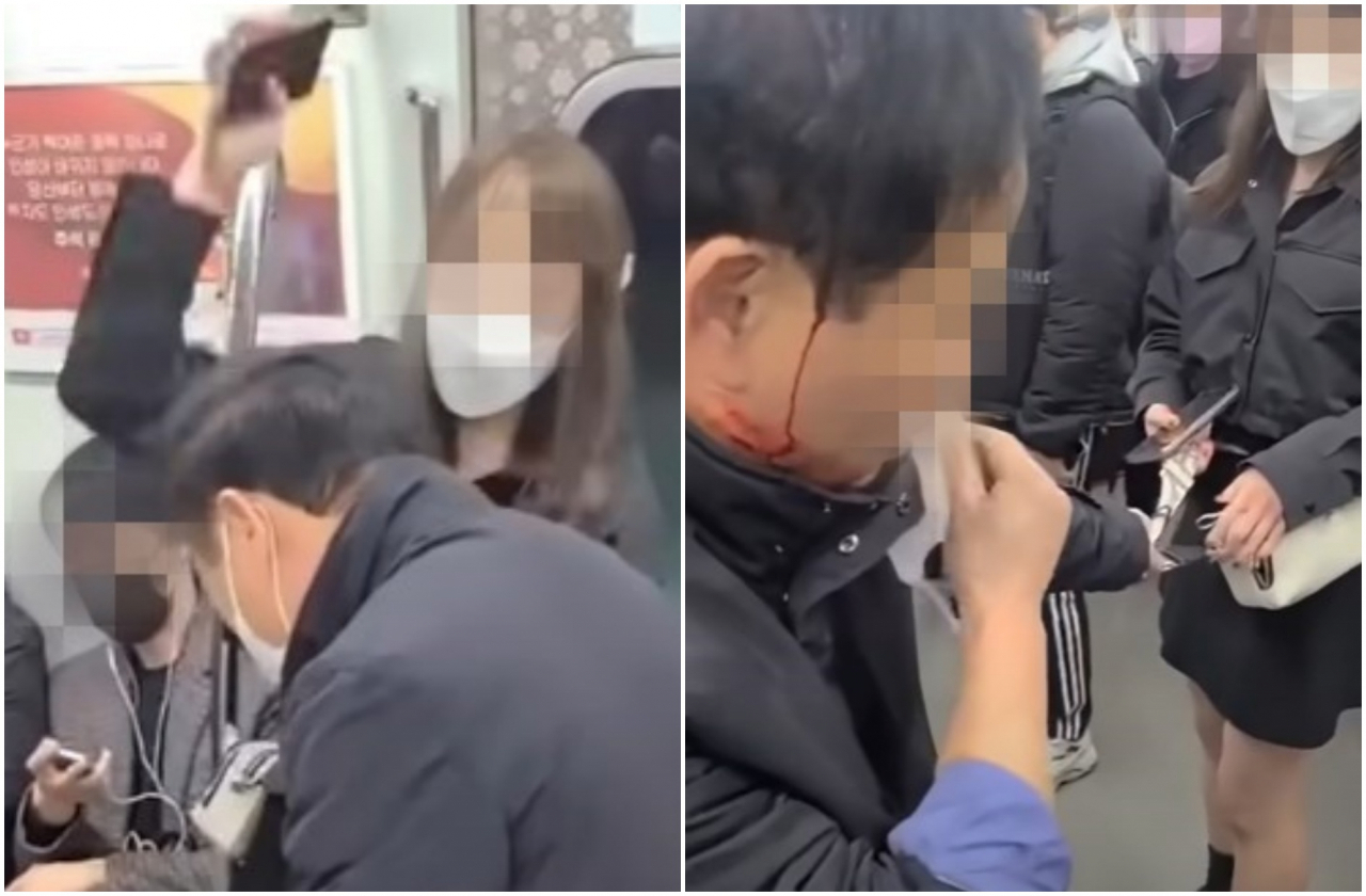 지난달 16일 서울 지하철 9호선 전동차 내에서 20대 여성 A씨가 피해자인 60대 남성 B씨를 가격하는 모습. [온라인 커뮤니티 캡처]
