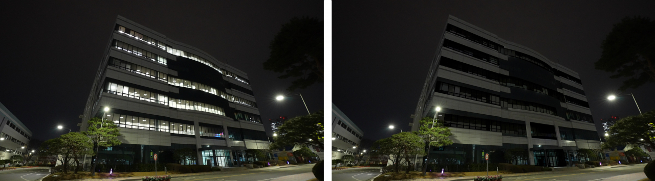 삼성전기 수원사업장 건물 소등 전과 후 모습[삼성전기 제공]