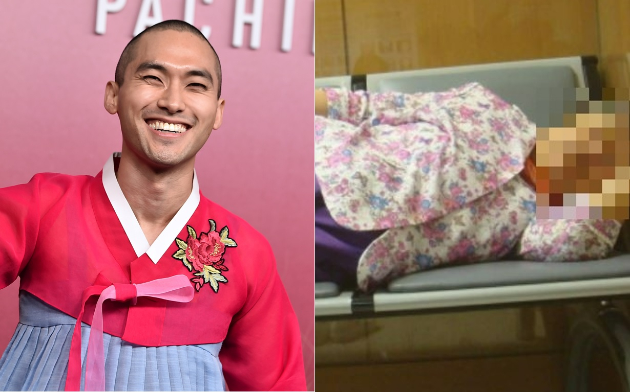 애플TV+ 드라마 ‘파친코’에 출연한 한국계 미국인 배우 진하(왼쪽)과 그가 자신의 블로그에 올린 문제의 사진. [AP]