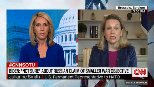줄리앤 스미스 북대서양조약기구(NATO·나토) 주재 미국 대사가 26일(현지시간) 미 CNN 방송 프로그램에 출연해 발언하고 있다. [CNN 방송 화면 캡처]