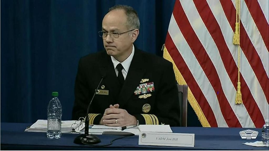 Vice Adm. Jon Hill, director of the Missile Defense Agency, takes a question in a press briefing at the US Department of Defense in Washington on Monday, in this photo captured from the department's website. (US Department of Defense)